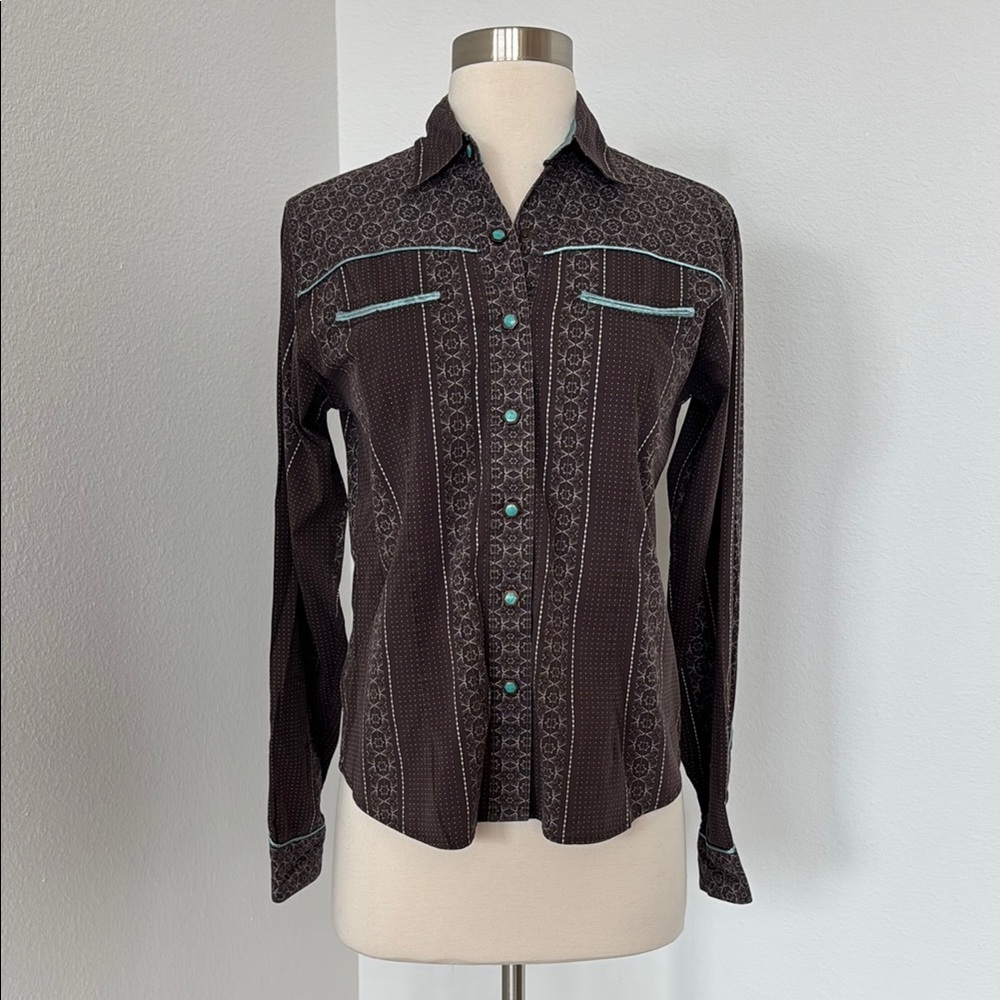 *Flawed* Classic Western Snap Closure Brown Floral Top, Sz S